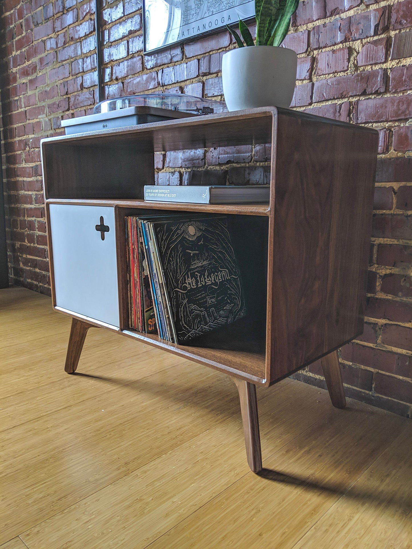 Record Player Console Plus with Receiver Slot - Turntable Stand, Vinyl Storage in Solid Walnut Component Cubby