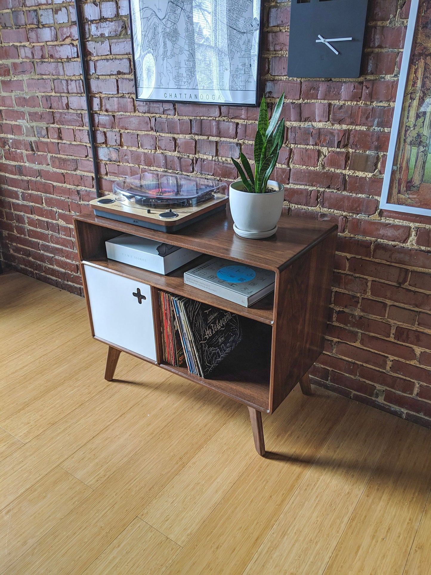 Record Player Console Plus with Receiver Slot - Turntable Stand, Vinyl Storage in Solid Walnut Component Cubby