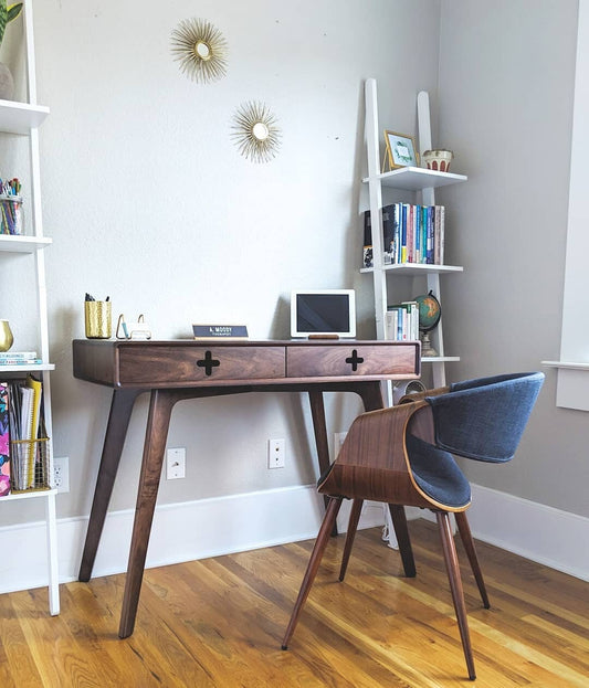Desk Plus -  40" Mid century walnut desk, Wood Office Desk, Modern writing table with two drawers