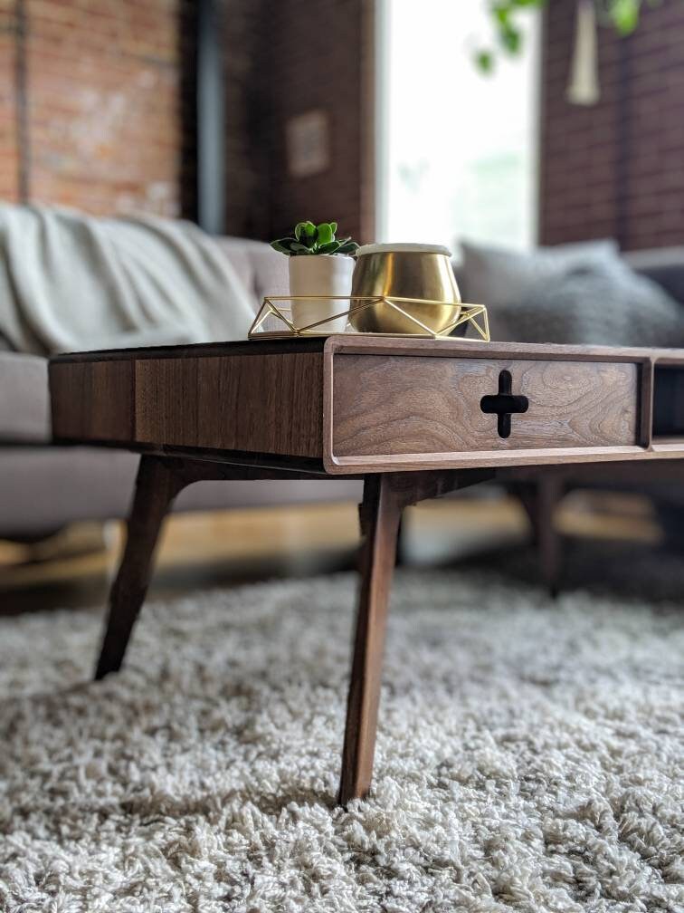 Coffee Table Plus with Drawer - Handmade solid walnut wood mid century modern style and storage cubby