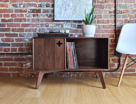 Record Player Stand Plus - 35" Walnut Vinyl Storage and Record Player Stand